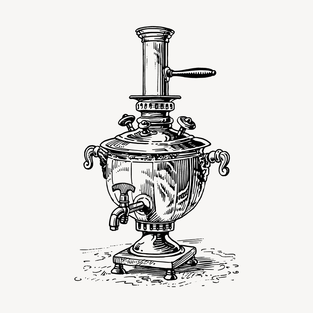 Samovar drawing, vintage tea maker illustration vector. Free public domain CC0 image.