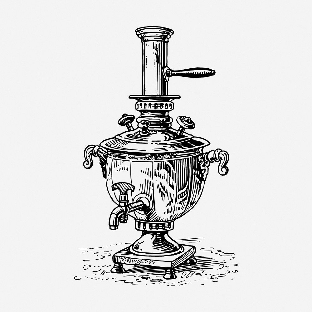 Samovar drawing, tea maker vintage illustration. Free public domain CC0 image.