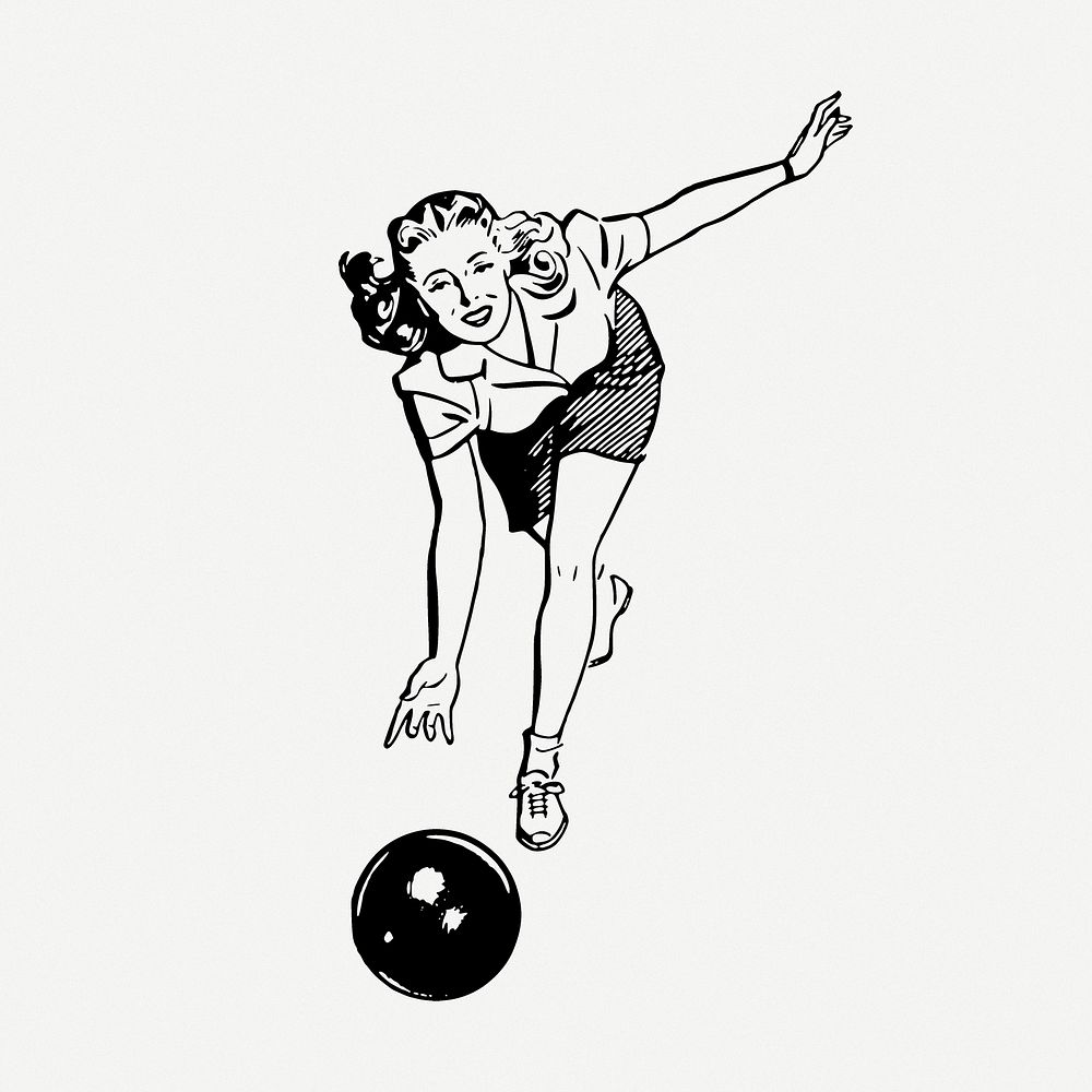 Bowling woman drawing, sport vintage illustration psd. Free public domain CC0 image.