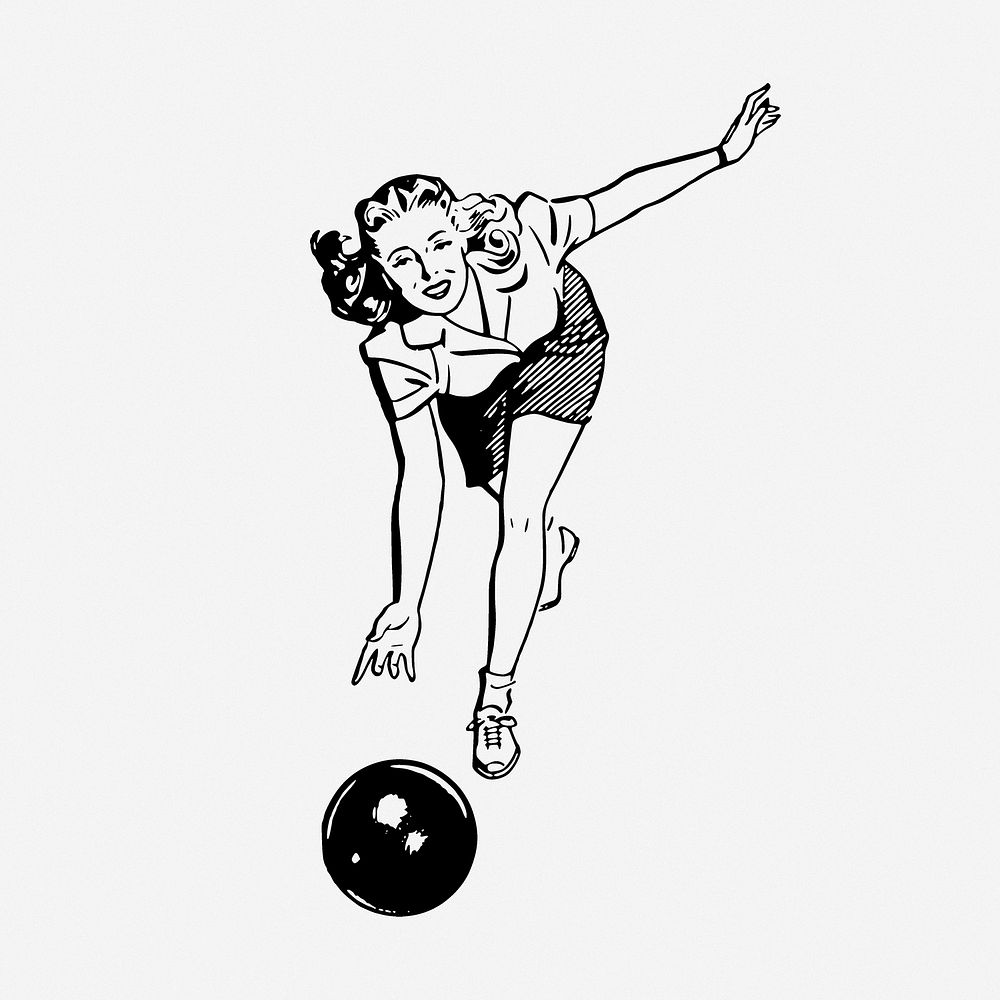 Bowling woman drawing, sport vintage illustration. Free public domain CC0 image.