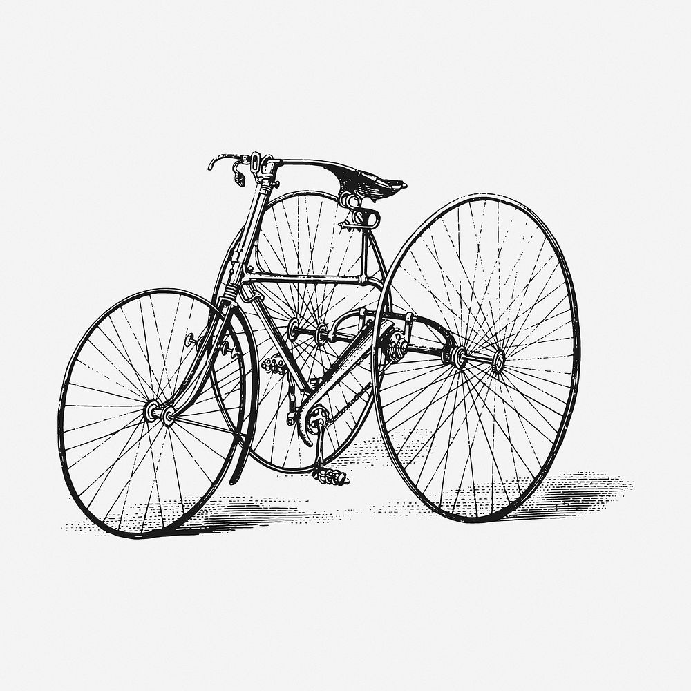Tricycle drawing, vehicle vintage illustration. Free public domain CC0 image.