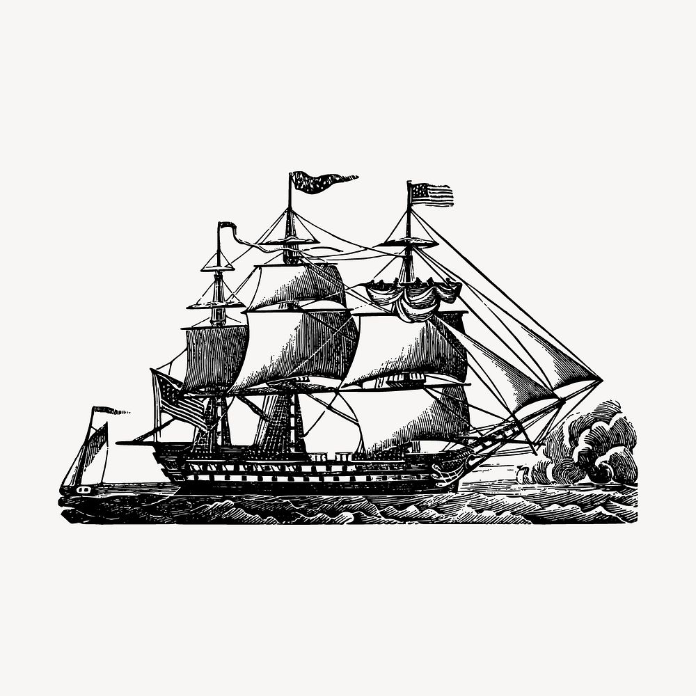 Ship drawing, vintage vehicle illustration vector. 