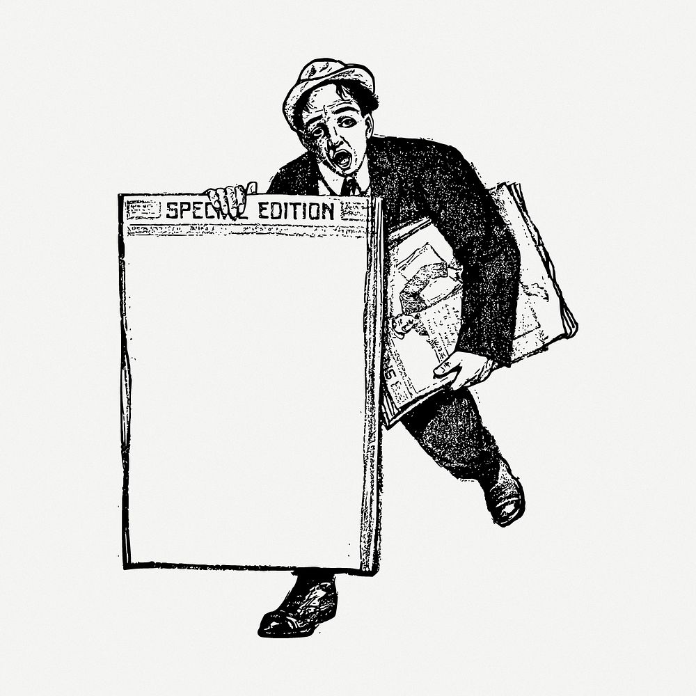 Newspaper frame drawing, man vintage illustration psd. 