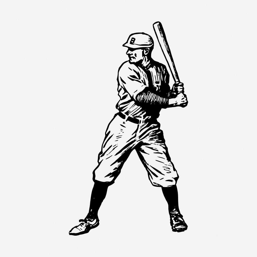Baseball player drawing, sport vintage illustration. Free public domain CC0 image.