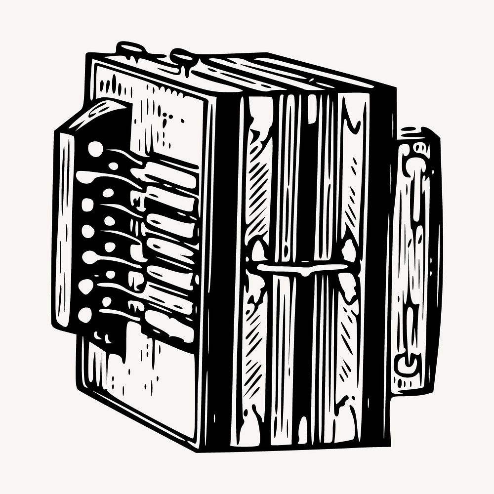 Accordion drawing, vintage musical instrument illustration vector. Free public domain CC0 image.