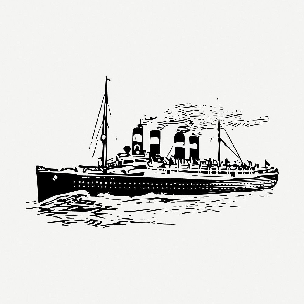 Cruise ship drawing, vehicle vintage illustration psd. Free public domain CC0 image.