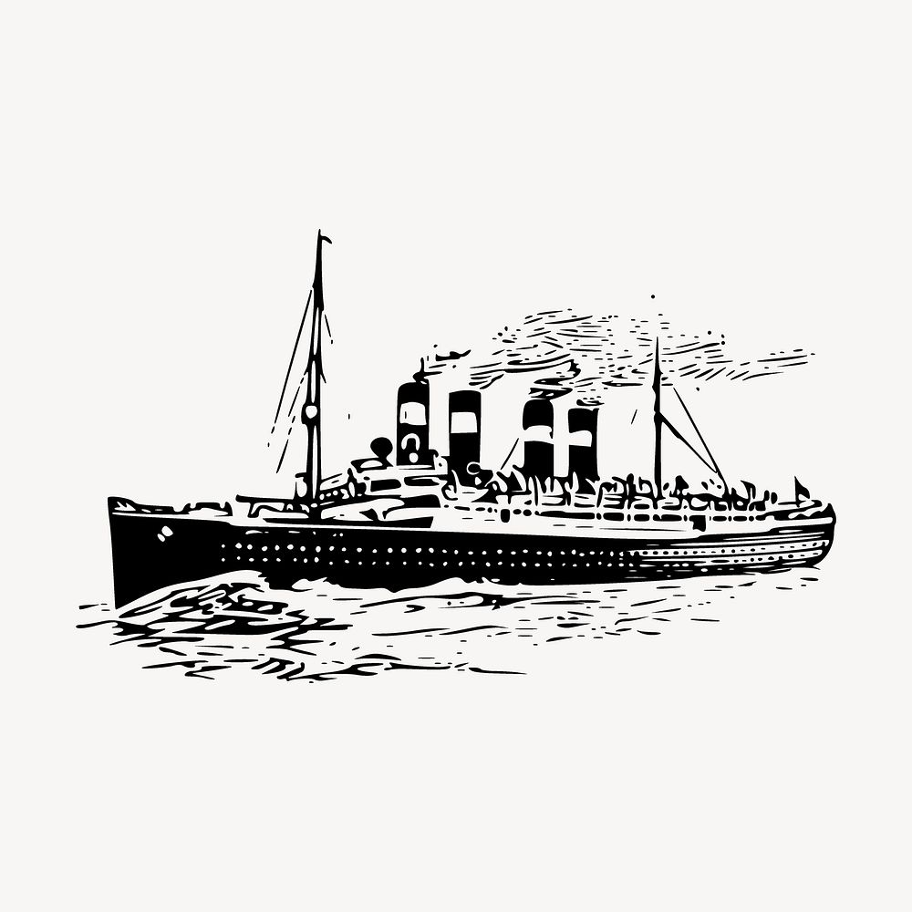 Cruise ship drawing, vintage vehicle illustration vector. Free public domain CC0 image.
