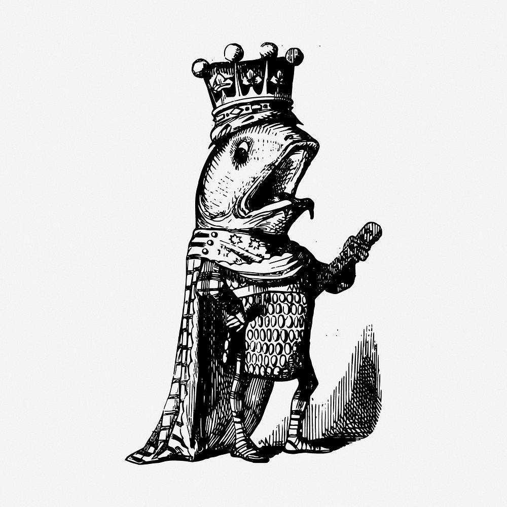Fish king drawing, fairy tale illustration. Free public domain CC0 image.