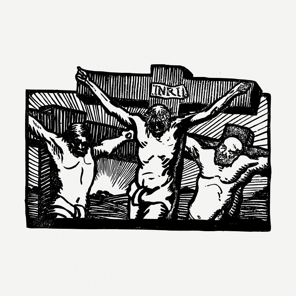 Crucified Christ drawing, religious vintage illustration psd. Free public domain CC0 image.