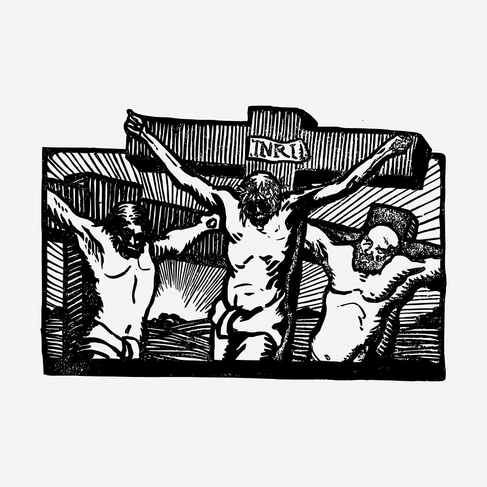 Crucified Christ drawing, religious vintage illustration. Free public domain CC0 image.