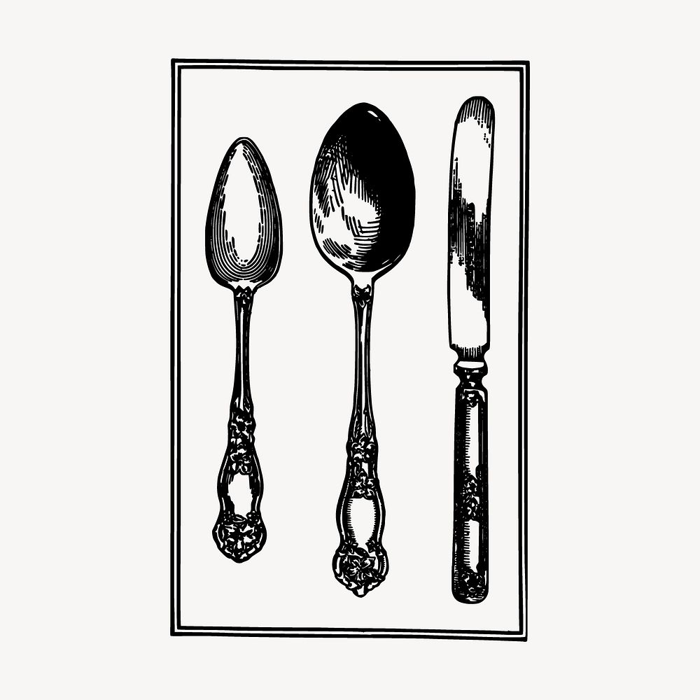 Spoon set drawing, vintage silverware illustration vector. Free public domain CC0 image.