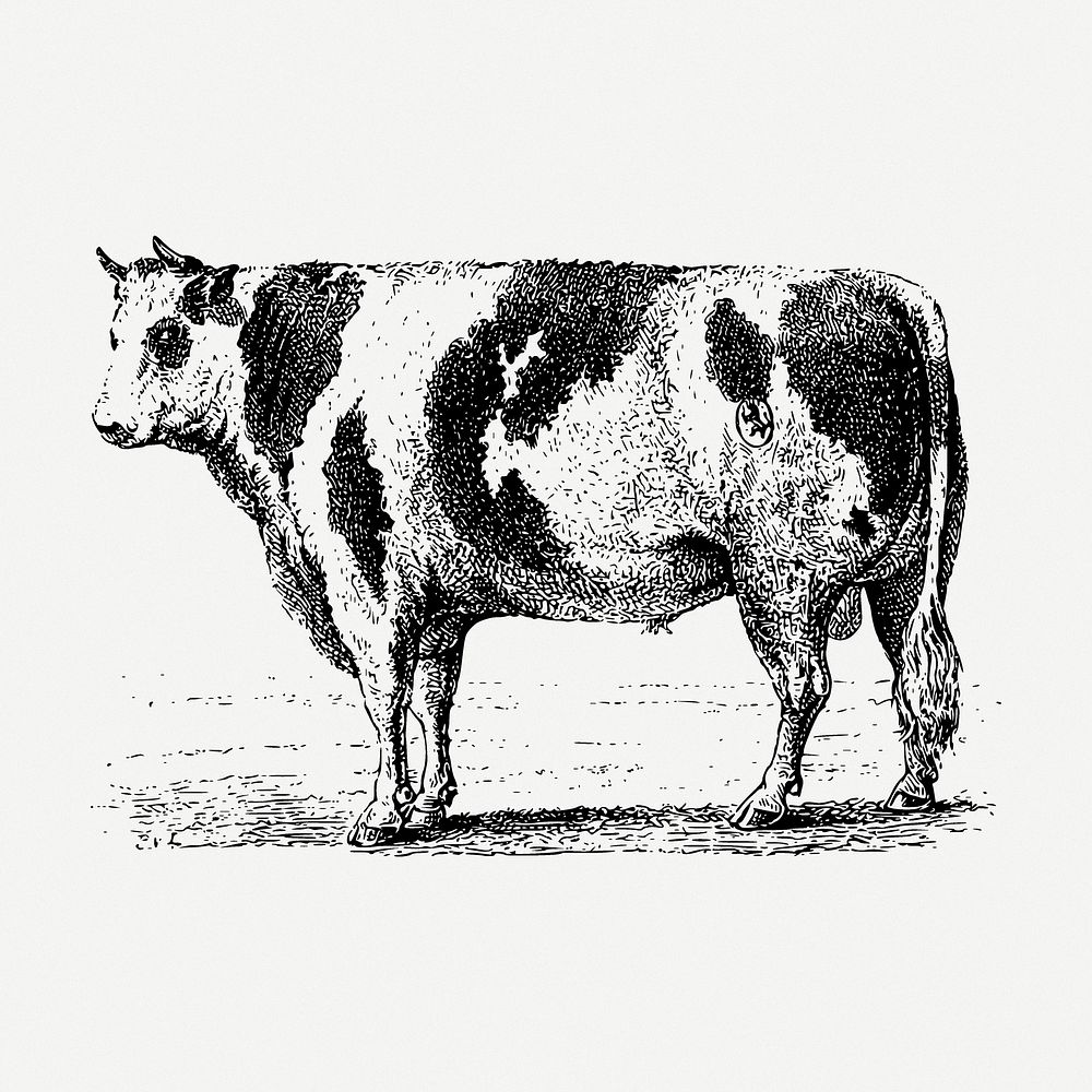 Cow drawing, farm animal illustration psd. Free public domain CC0 image.