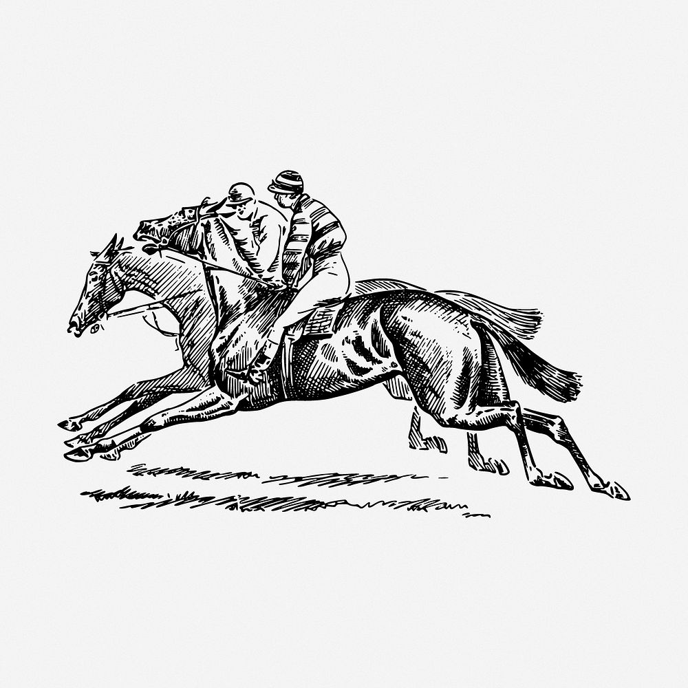 Jockey riding drawing, horse vintage illustration. Free public domain CC0 image.