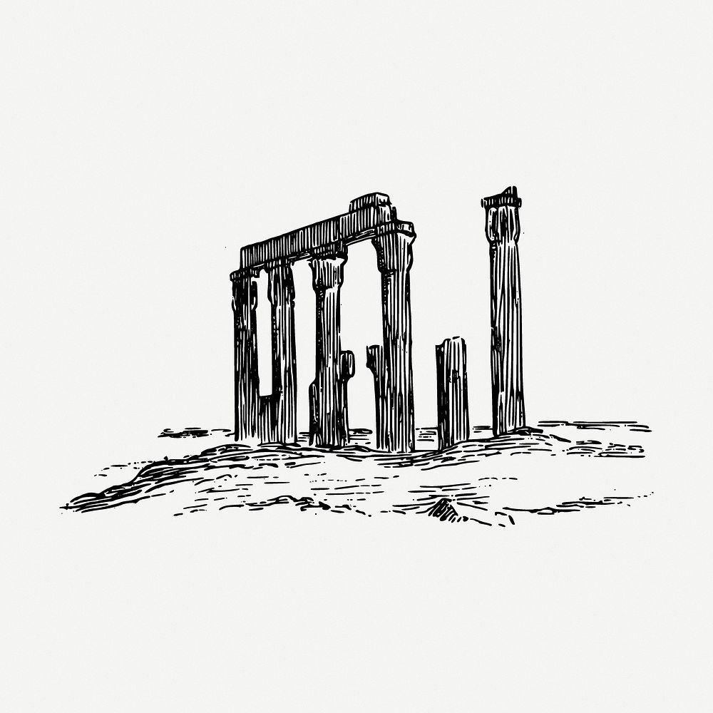 Temple ruins drawing, Egyptian historical landmark, vintage illustration psd. Free public domain CC0 image.