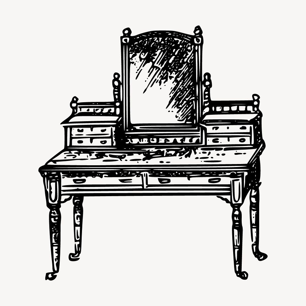 Dressing table drawing, vintage furniture illustration vector. Free public domain CC0 image.