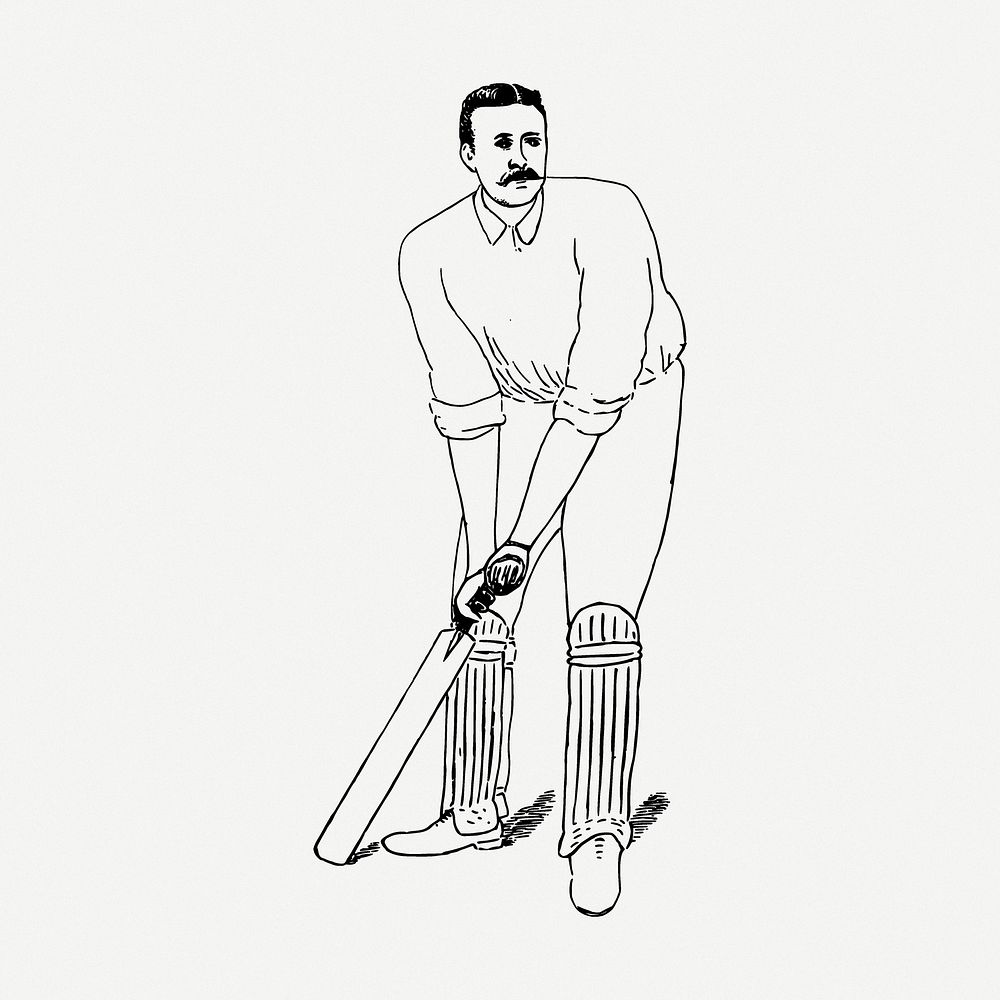 Cricket player drawing, sport vintage illustration psd. Free public domain CC0 image.