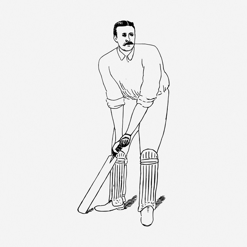 Cricket player drawing, sport vintage illustration. Free public domain CC0 image.