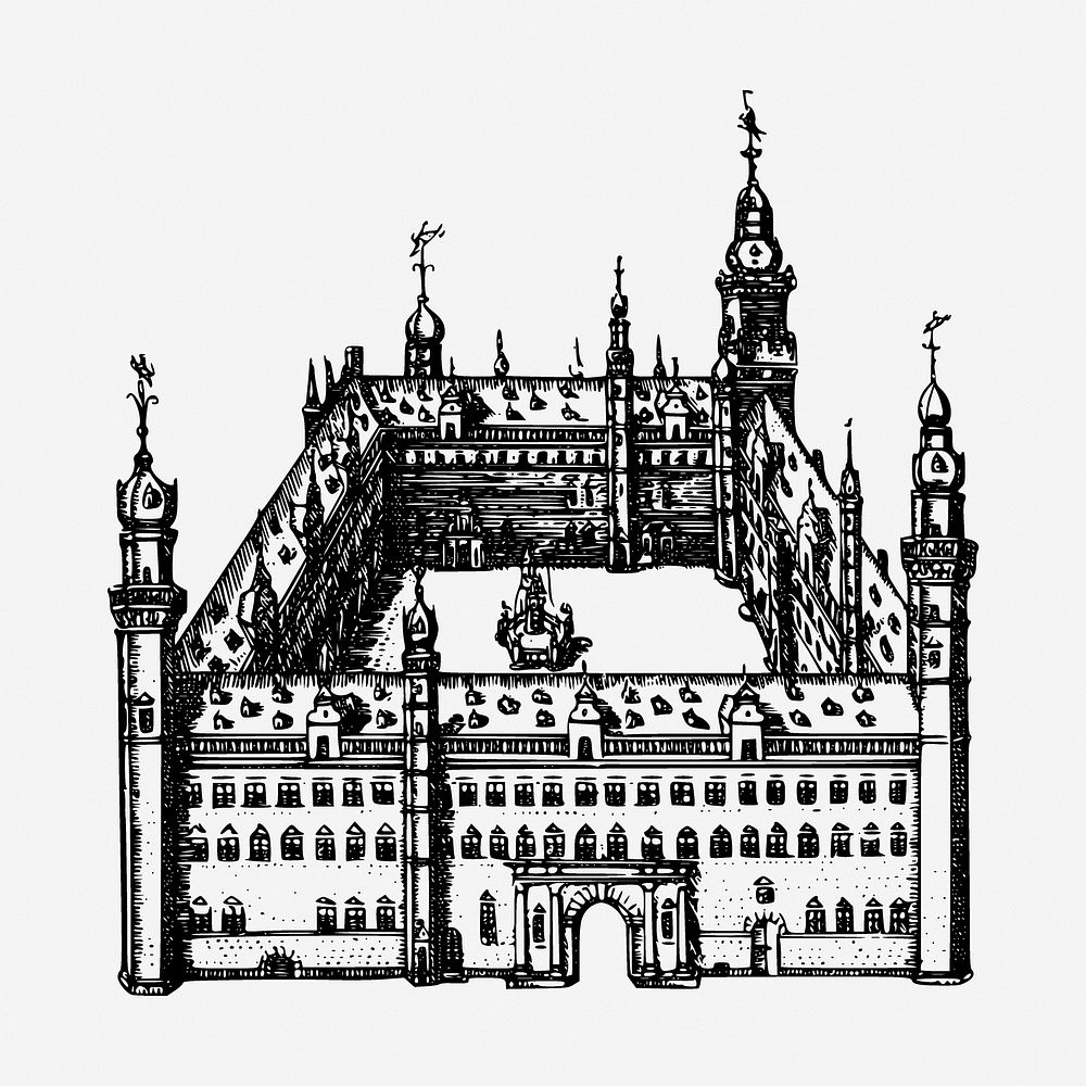 Kronborg castle, Denmark drawing, landmark vintage illustration. Free public domain CC0 image.