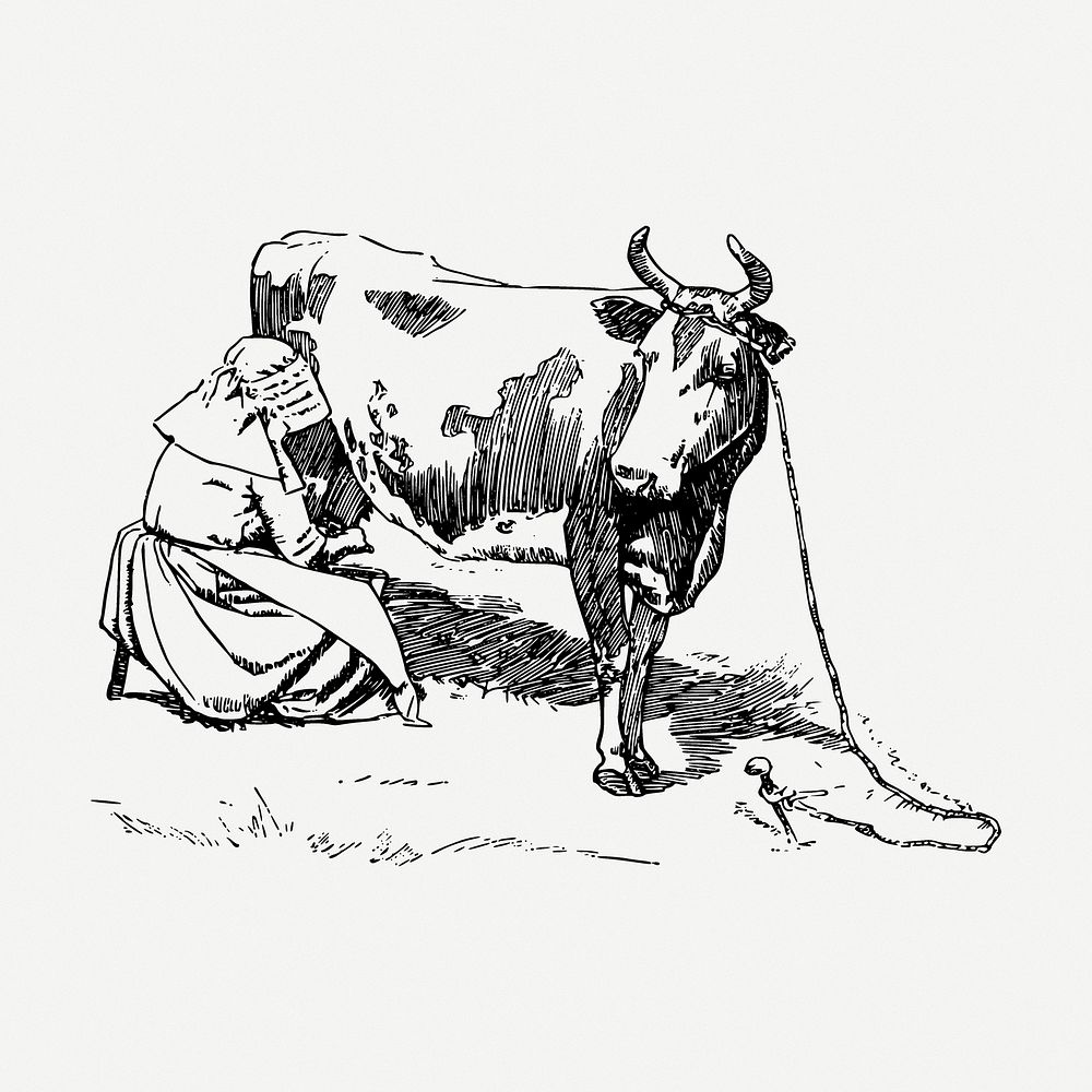 Woman milking cow drawing, vintage illustration psd. Free public domain CC0 image.