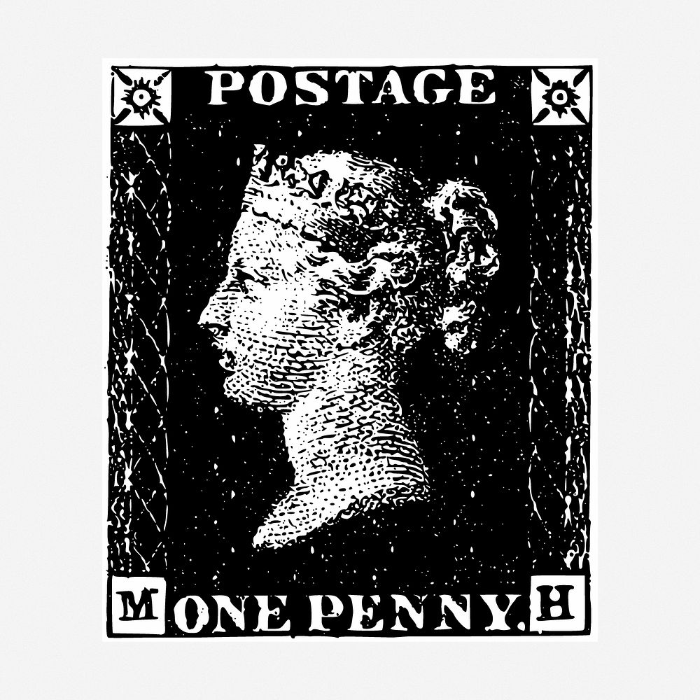 Penny black stamp drawing, vintage illustration. Free public domain CC0 image.