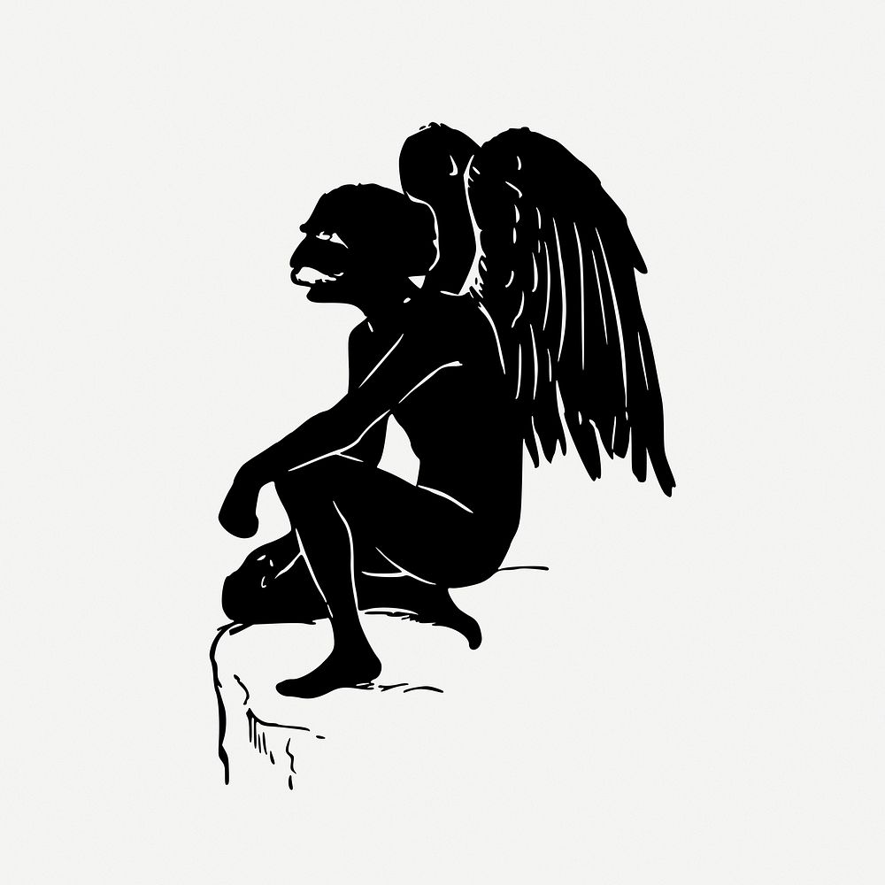 Male angel silhouette drawing,  vintage illustration psd. Free public domain CC0 image.