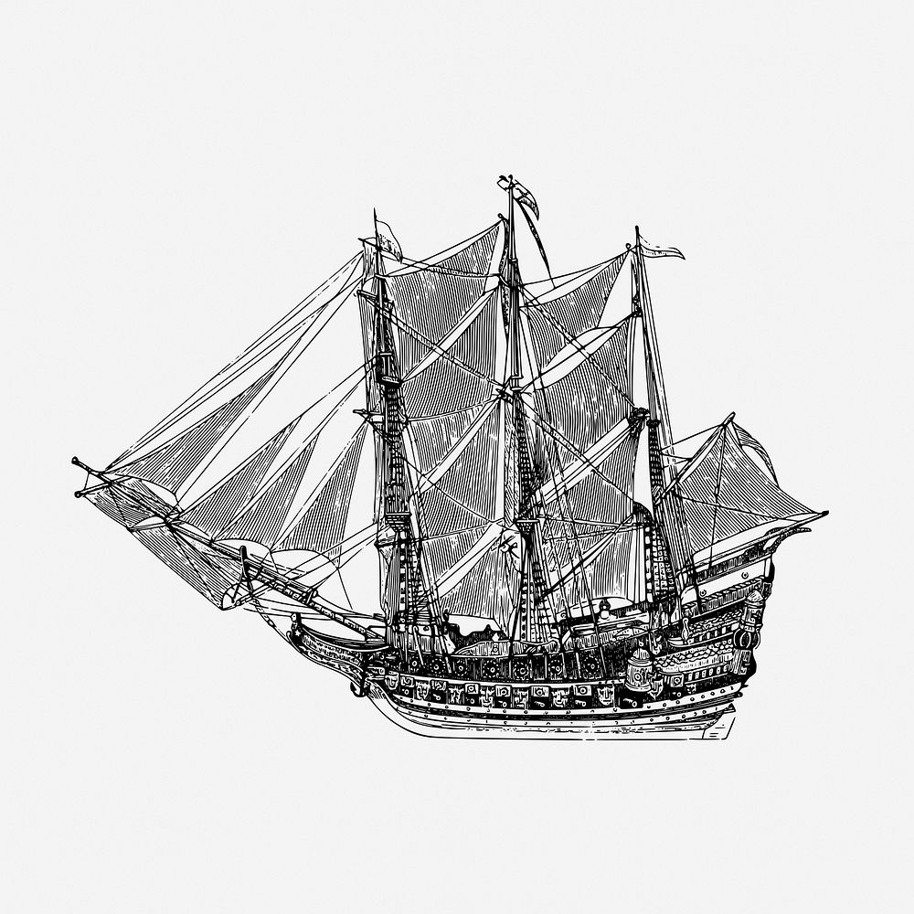 Sailing ship drawing, vehicle, vintage transportation illustration. Free public domain CC0 image.