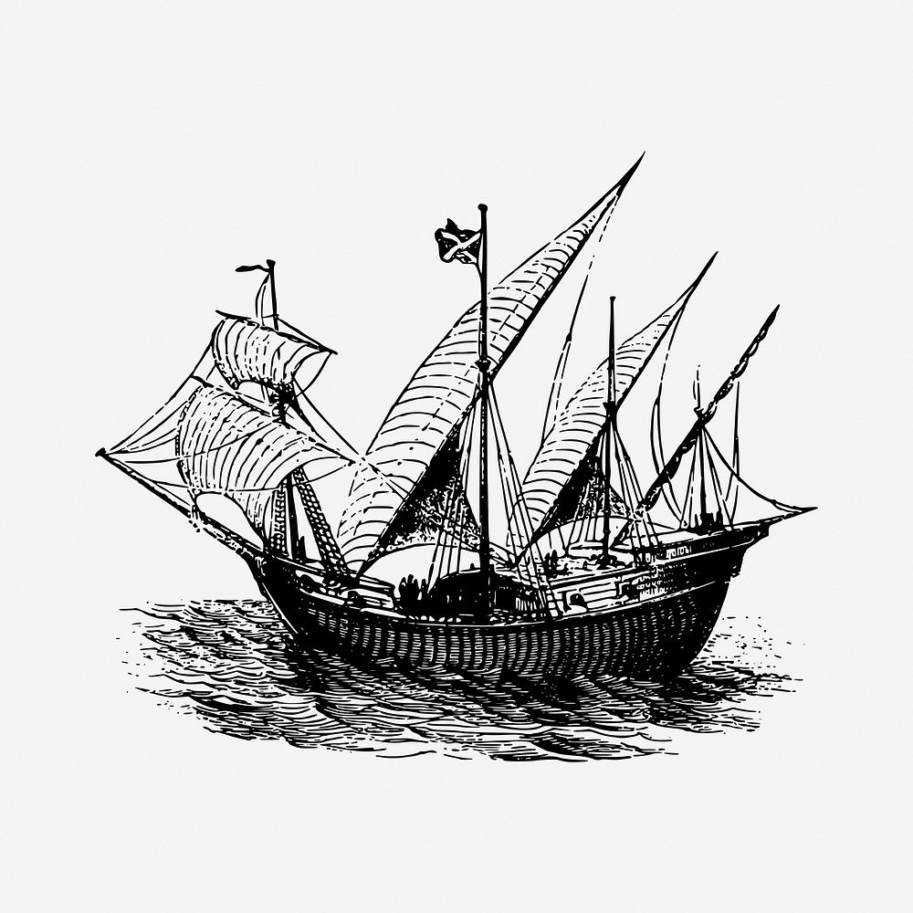 Sailing ship drawing, vehicle, vintage transportation illustration psd. Free public domain CC0 image.