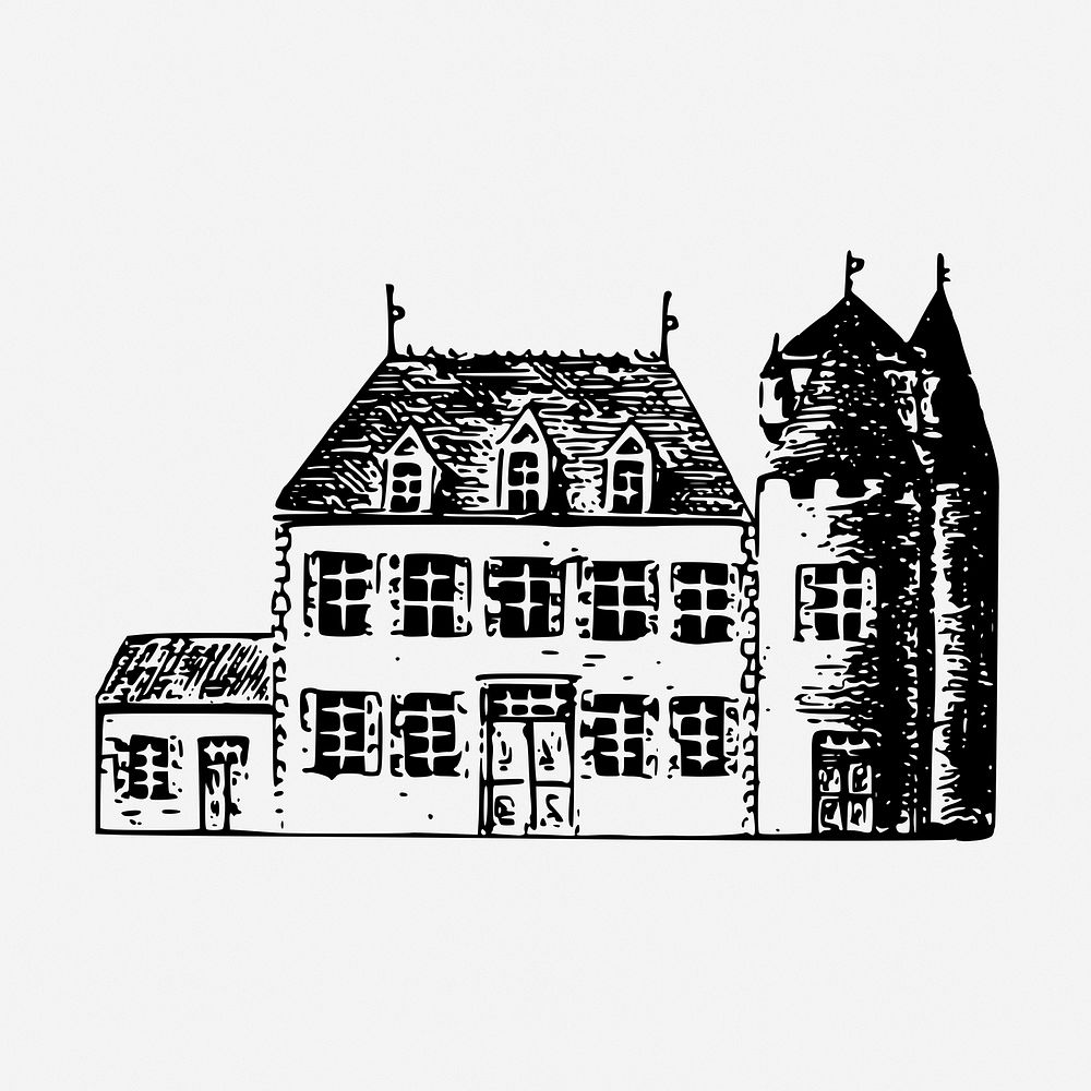 Chateau castle drawing, architecture vintage illustration. Free public domain CC0 image.