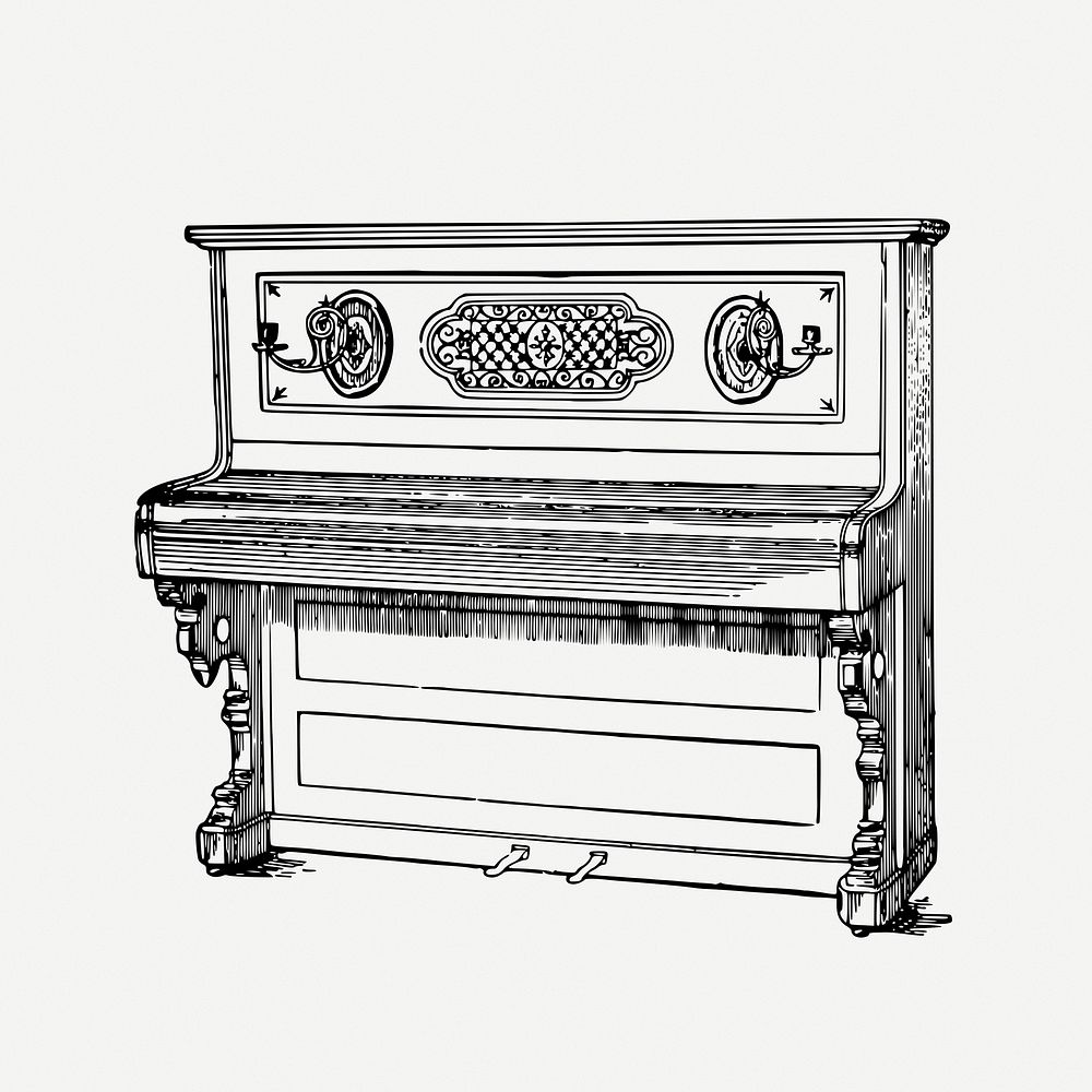Upright piano drawing, musical instrument, vintage illustration psd. Free public domain CC0 image.