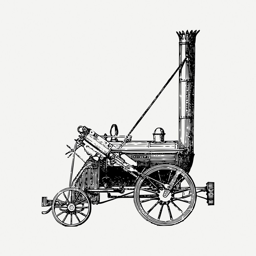 Stephenson's Rocket drawing, steam locomotive vintage illustration psd. Free public domain CC0 image.