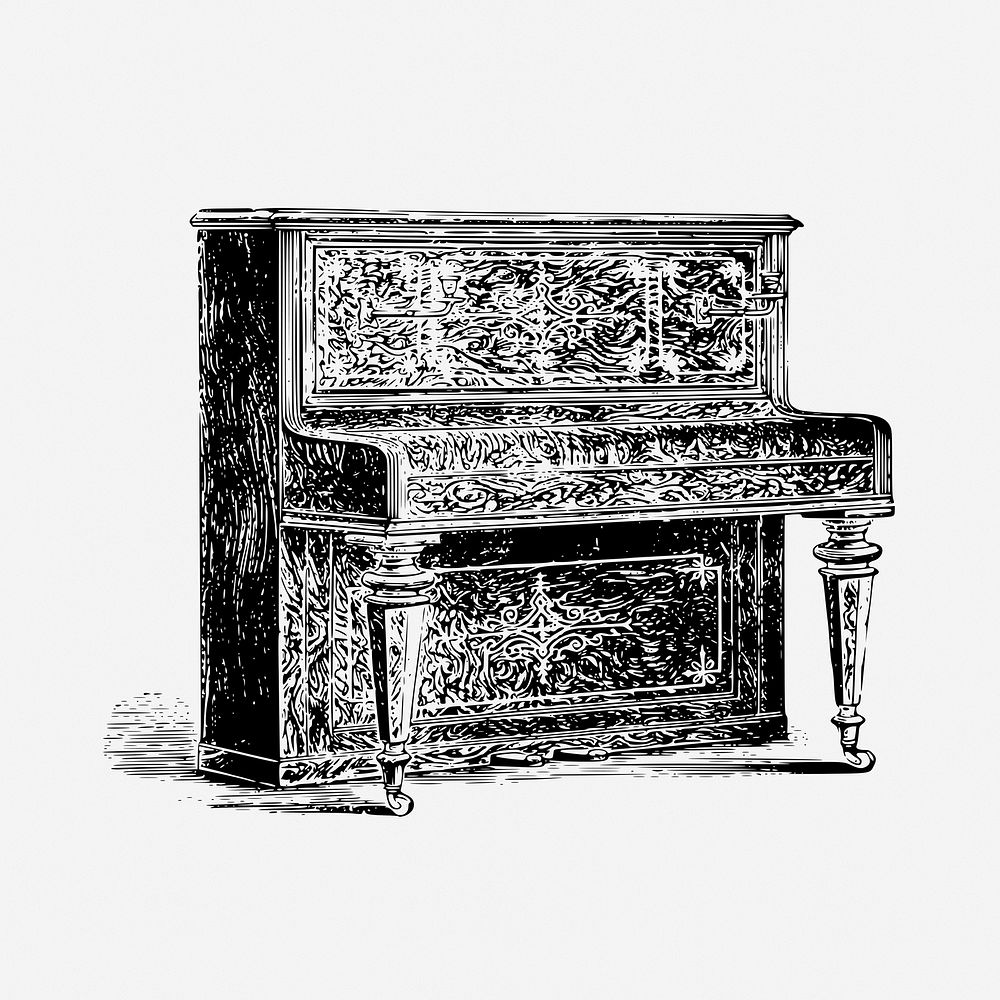 Upright piano drawing, musical instrument, vintage illustration. Free public domain CC0 image.