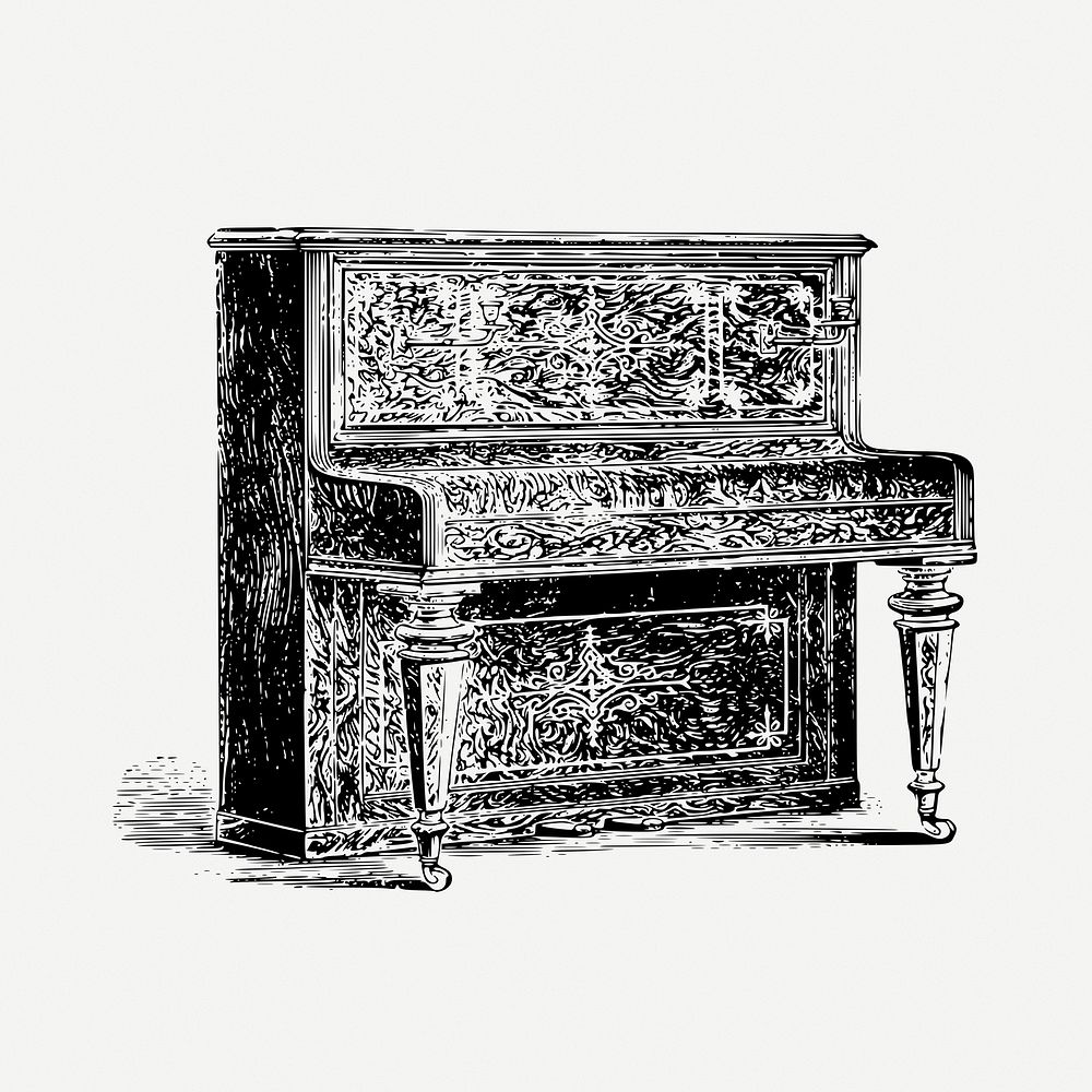 Upright piano drawing, musical instrument, vintage illustration psd. Free public domain CC0 image.