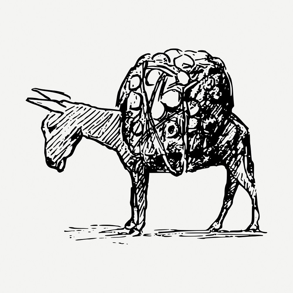 Overloaded donkey drawing, animal-powered transport illustration psd. Free public domain CC0 image.