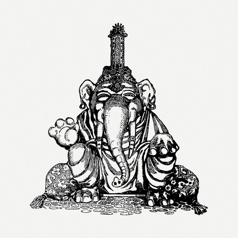 Ganesha, elephant god drawing, religion, vintage illustration psd. Free public domain CC0 image.
