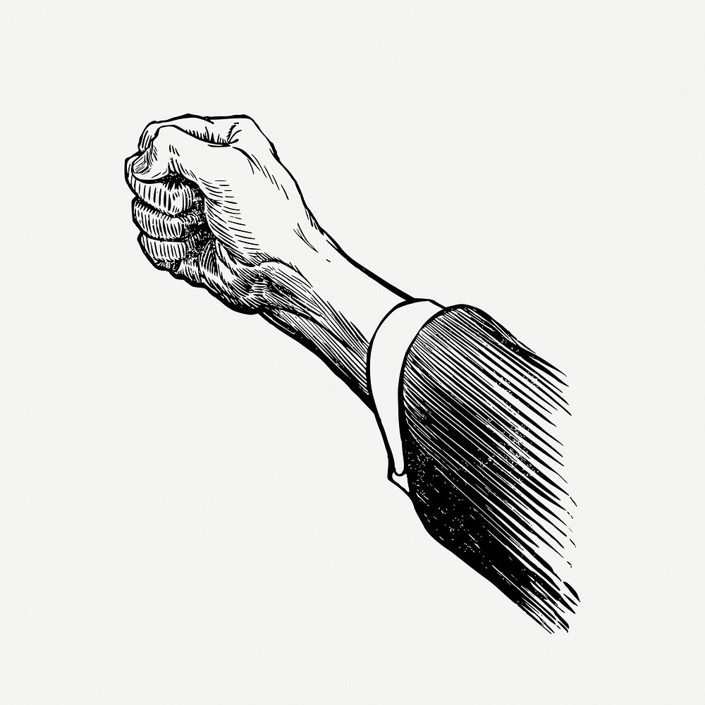 Punching fist drawing, hand gesture, vintage illustration psd. Free public domain CC0 image.