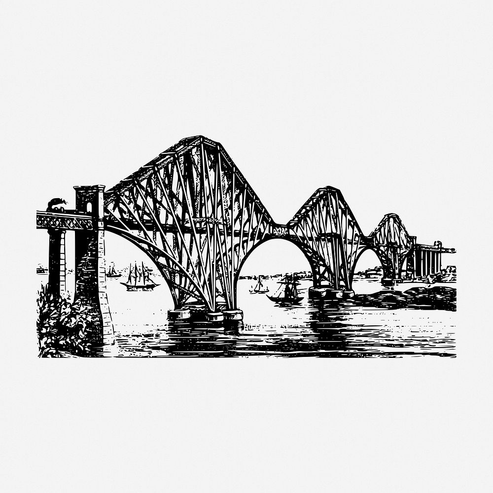 Forth Bridge drawing, architecture vintage illustration. Free public domain CC0 image.