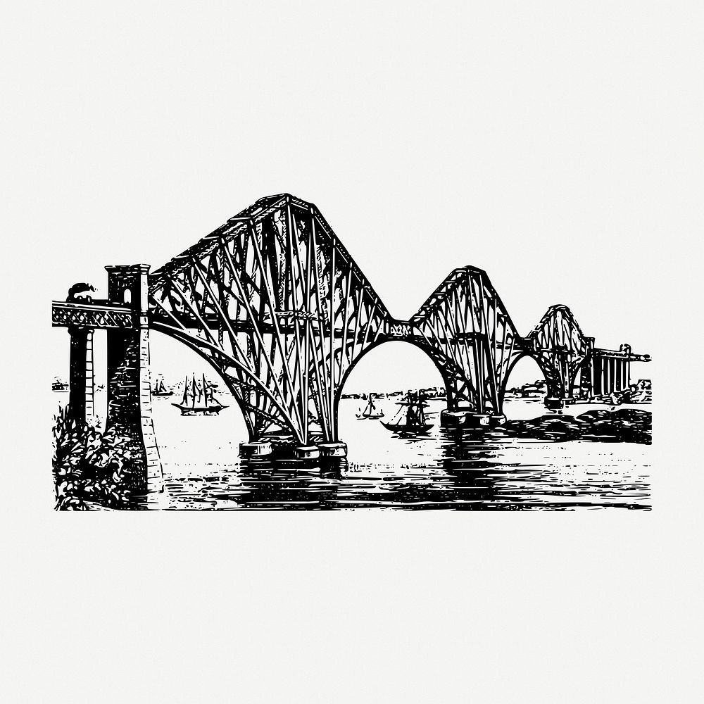 Forth Bridge drawing, landmark vintage illustration psd. Free public domain CC0 image.
