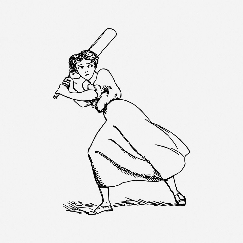 Woman playing cricket drawing, sport vintage illustration. Free public domain CC0 image.