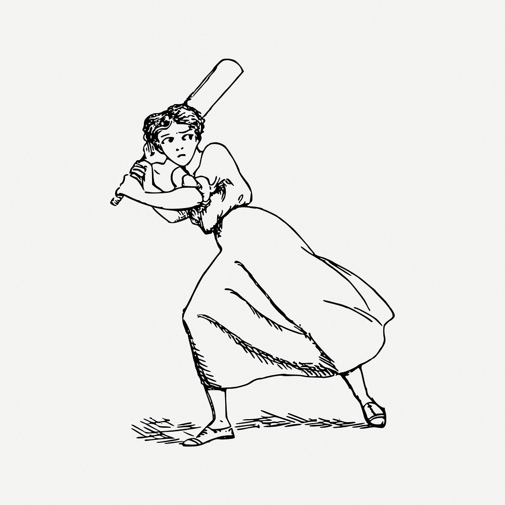 Woman playing cricket drawing, sport vintage illustration psd. Free public domain CC0 image.