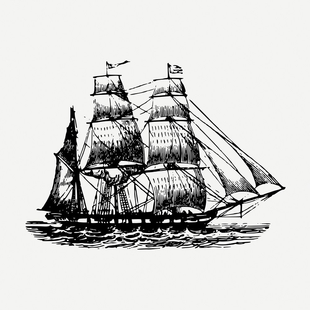 Sailing ship drawing, vehicle, vintage transportation illustration psd. Free public domain CC0 image.