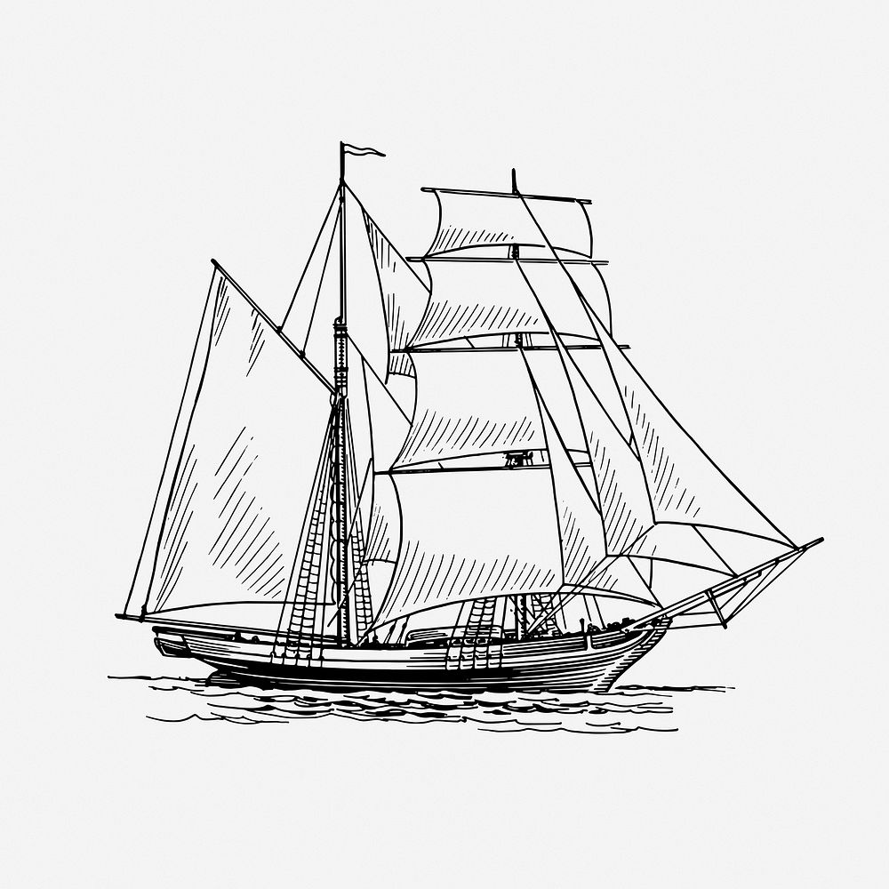 Sailing ship drawing, vehicle, vintage transportation illustration. Free public domain CC0 image.