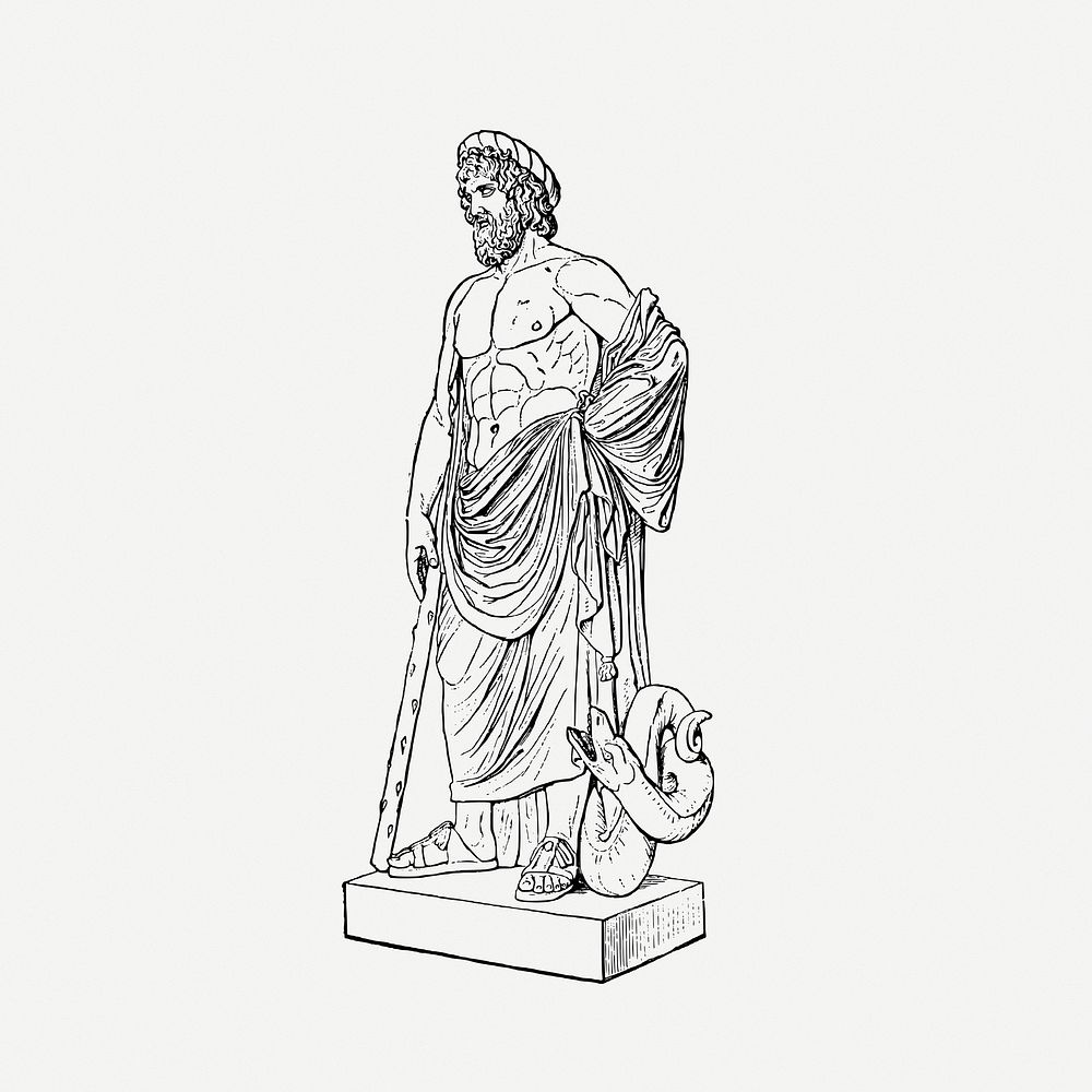 Asclepius statue drawing, God of medicine vintage illustration psd. Free public domain CC0 image.