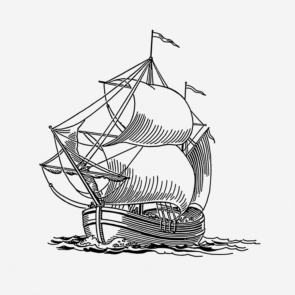 Sailing ship drawing, vehicle, vintage transportation illustration. Free public domain CC0 image.