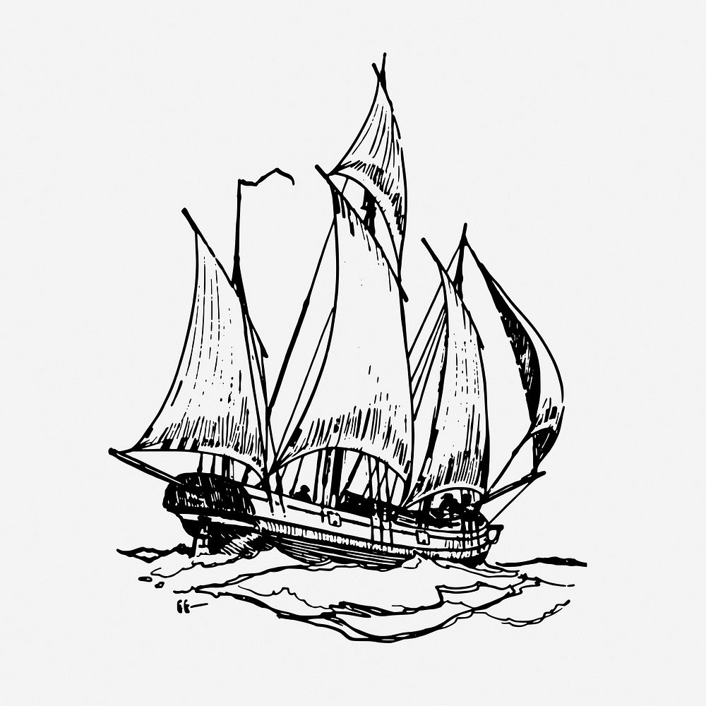 Sailing ship drawing, vehicle, vintage transportation illustration. Free public domain CC0 image.