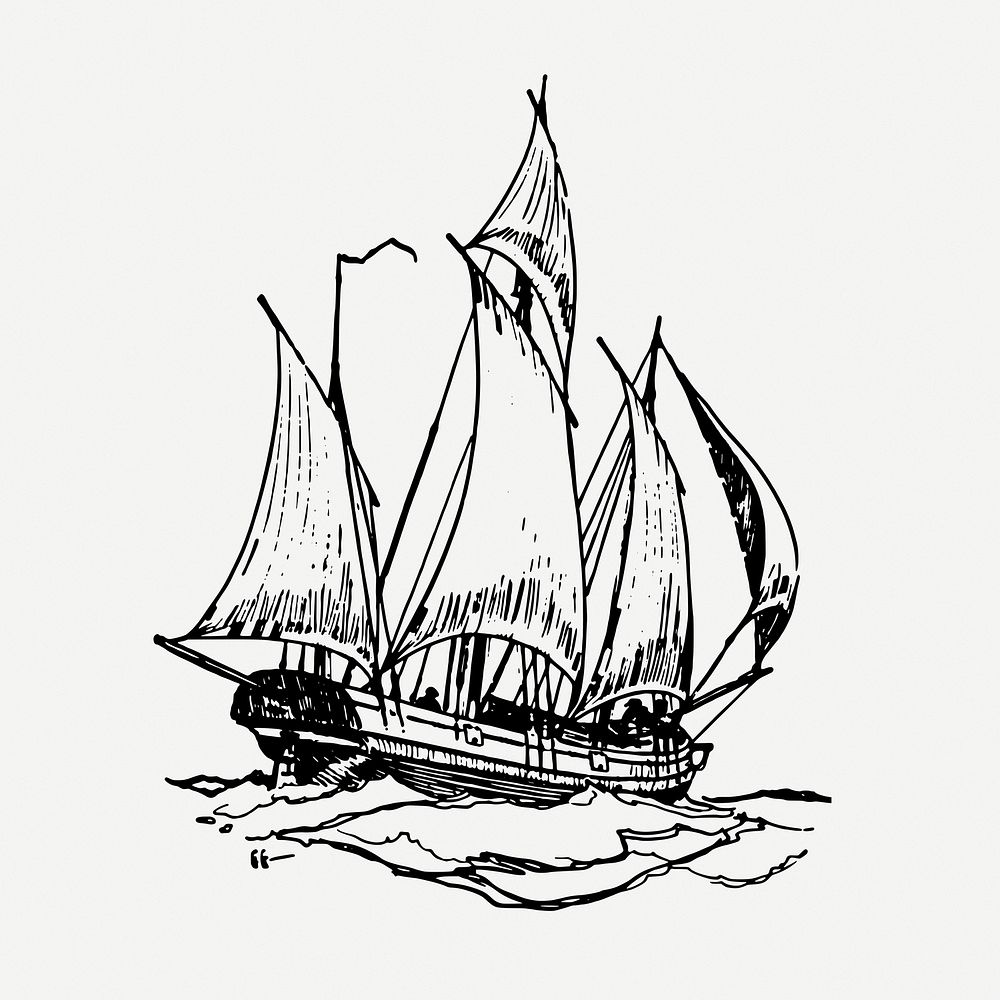 Sailing ship drawing, vehicle, vintage transportation illustration psd. Free public domain CC0 image.