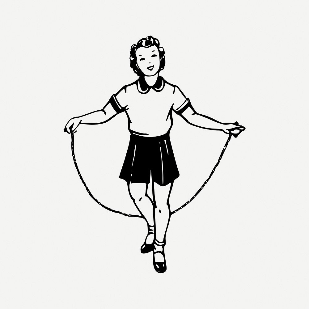 Girl skipping rope drawing, vintage illustration psd. Free public domain CC0 image.