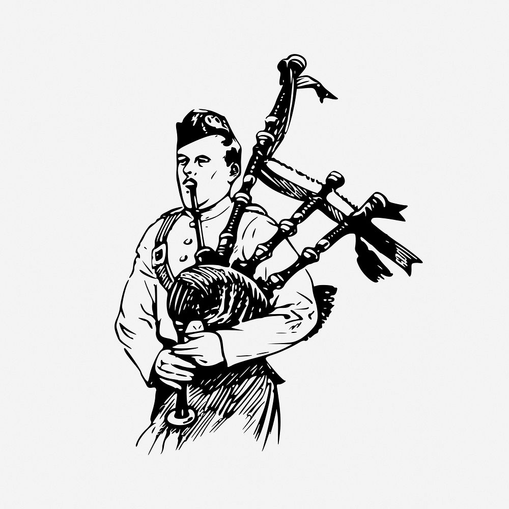 Man playing bagpipes drawing, music vintage illustration. Free public domain CC0 image.