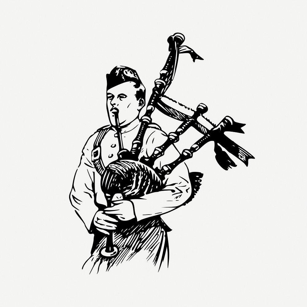 Man playing bagpipes drawing, music vintage illustration psd. Free public domain CC0 image.