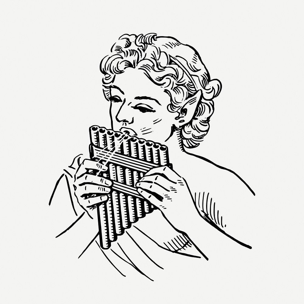 Woman playing pan flute drawing, music vintage illustration psd. Free public domain CC0 image.