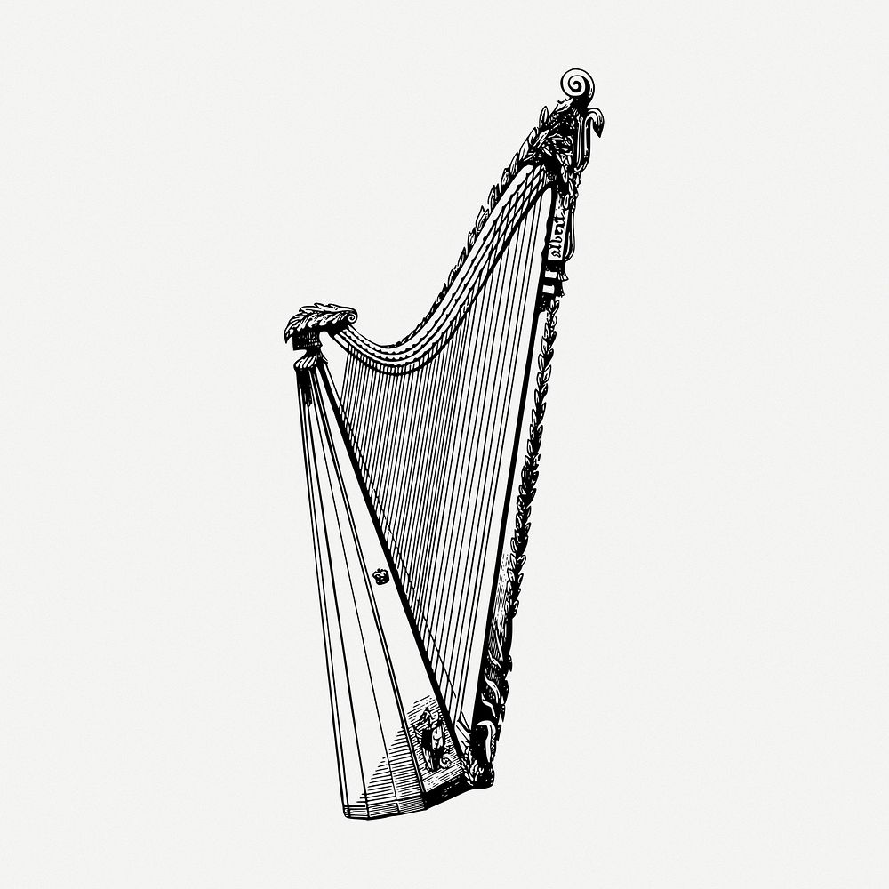 Vintage harp drawing, orchestral music instrument illustration psd. Free public domain CC0 image.